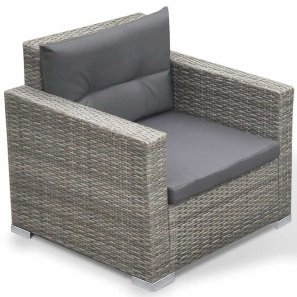 Loungesæt til haven 6 dele med hynder polyrattan grå - pulverlakeret stålstel + bordplade i hærdet glas, 70 x 70 x 63 cm (b x d x h), 70 x 70 x 63 cm (b x d x h), 70 x 70 x 31 cm (l x b x h), 74 x 74 x 31 cm (l x b x h) - number 6.