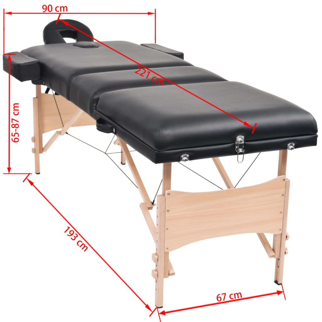 Sammenfoldeligt massagebord 3 zoner 10 cm tyk hynde sort - number 12.