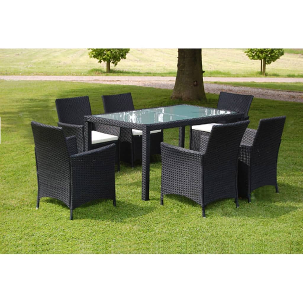Udendørs spisebordssæt 7 dele med hynder polyrattan sort - number 1.
