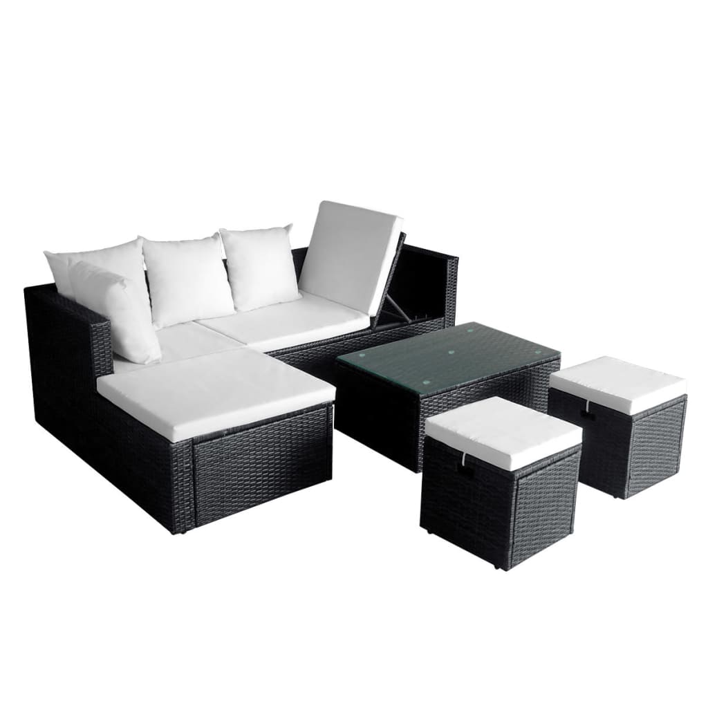 Haveloungesæt dele med hynder polyrattan sort - sort og hvid, 4 - number 2.