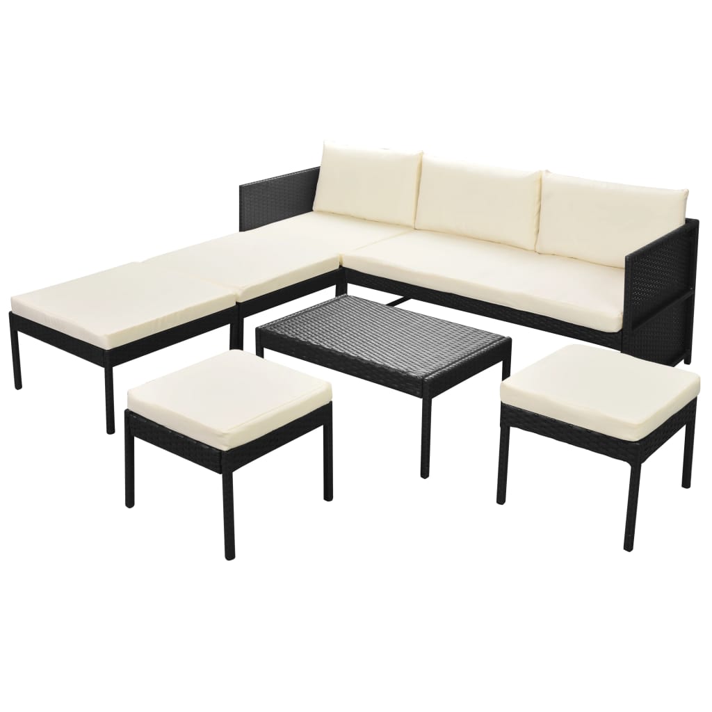 Haveloungesæt 6 dele med hynder polyrattan - sort, 1 - number 2.