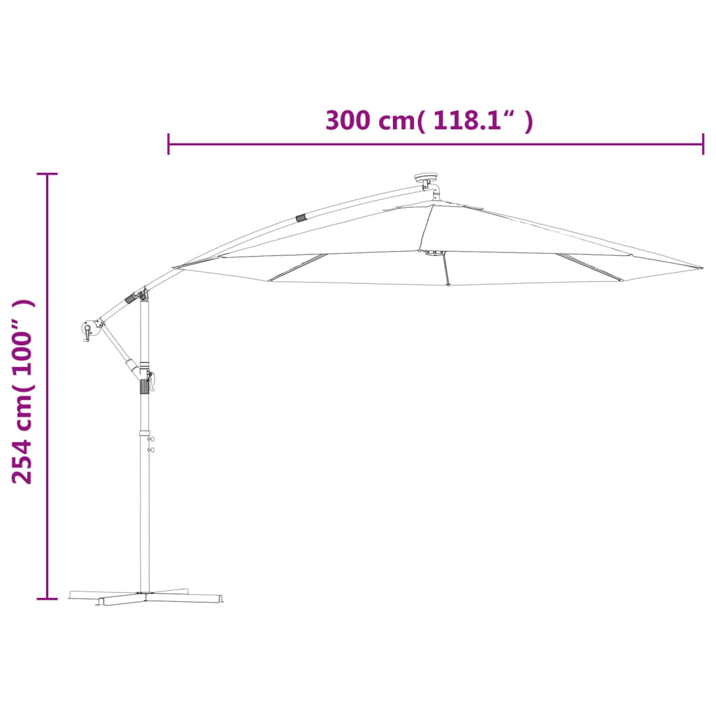 Hængende parasol med led-belysning 300 cm grøn metalstang - number 12.