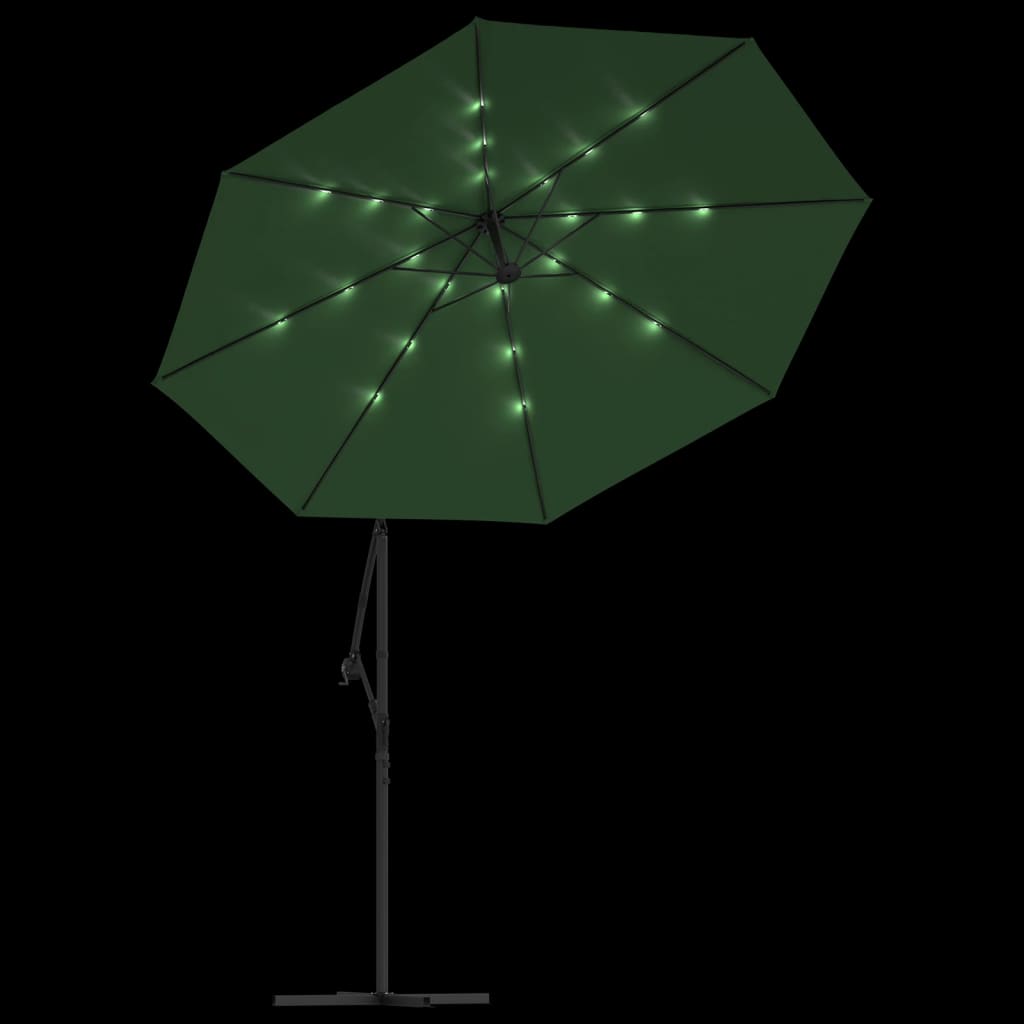 Hængende parasol med led-belysning 300 cm grøn metalstang - number 6.