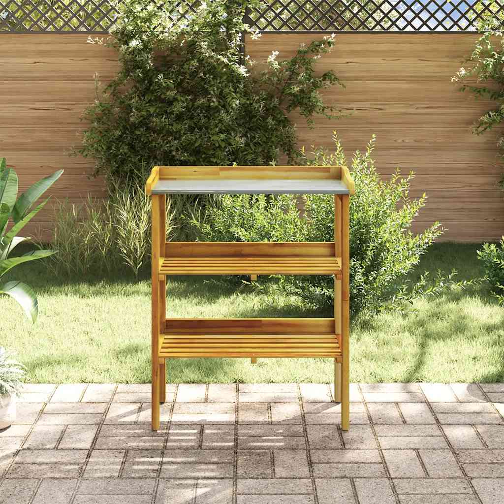 Potted plant bench with 2 shelves solid acacia wood and zinc - number 3.