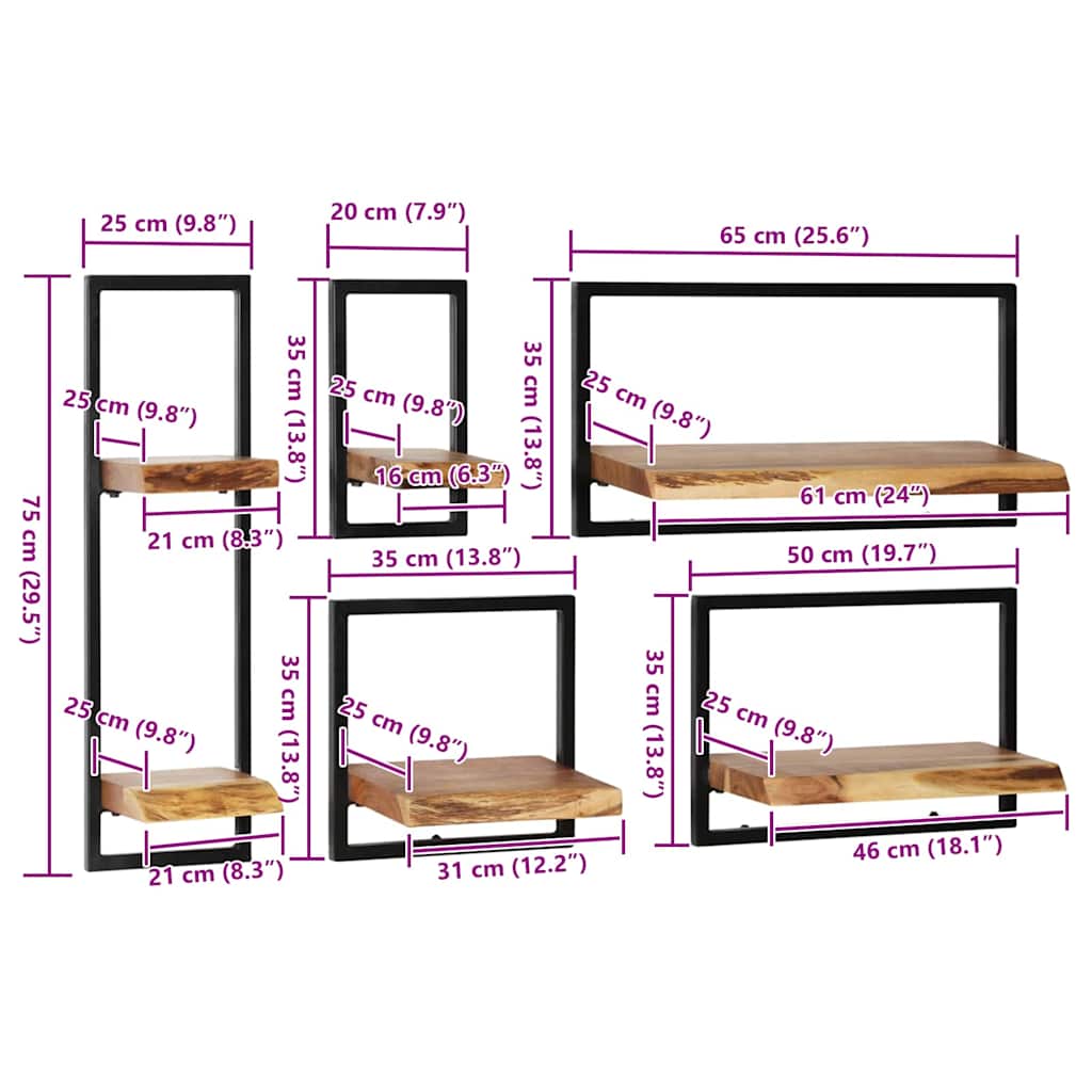 Væghyldesæt 5 dele massivt akacietræ og stål - number 9.