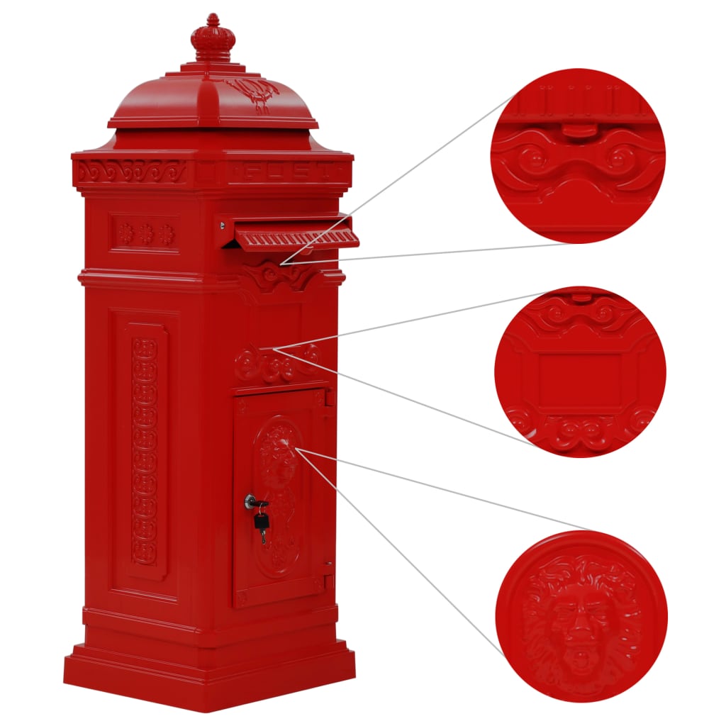 Pillar mailbox in aluminum vintage style rust resistant - red - number 5.