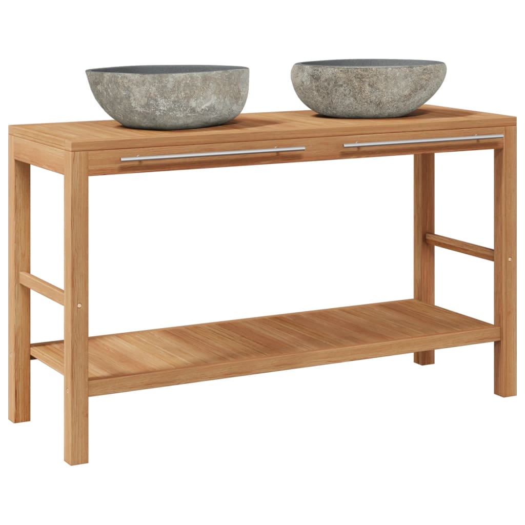 Kupaonski ormarić od punog tikovine s umivaonicima od riječnog kamena - number 2.