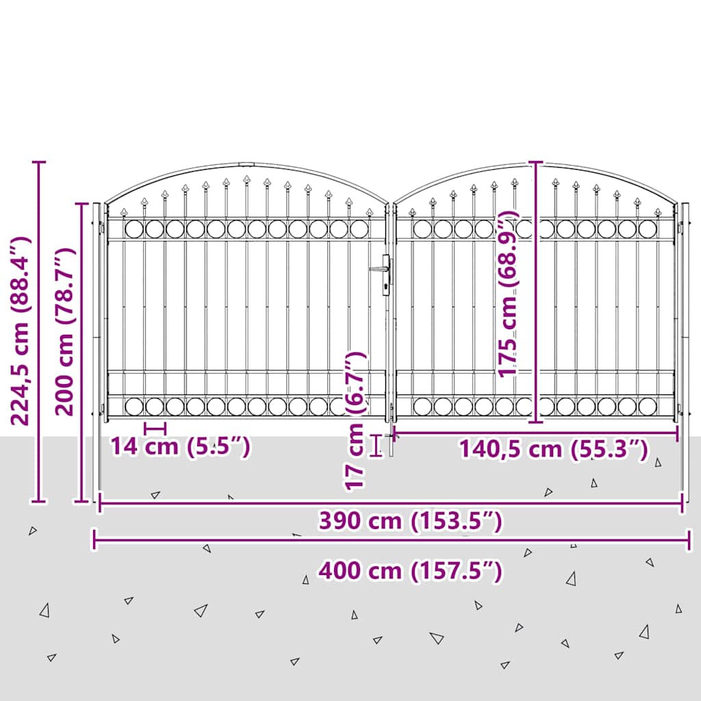 Hegnslåge med dobbeltdør og buet top stål 400 x 175 cm sort - number 5.
