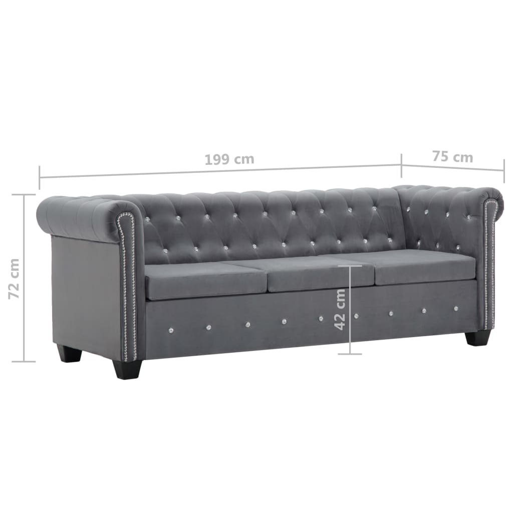 3-person chesterfield sofa velvet clothing 199 x 75 x 72 cm grå - number 10.