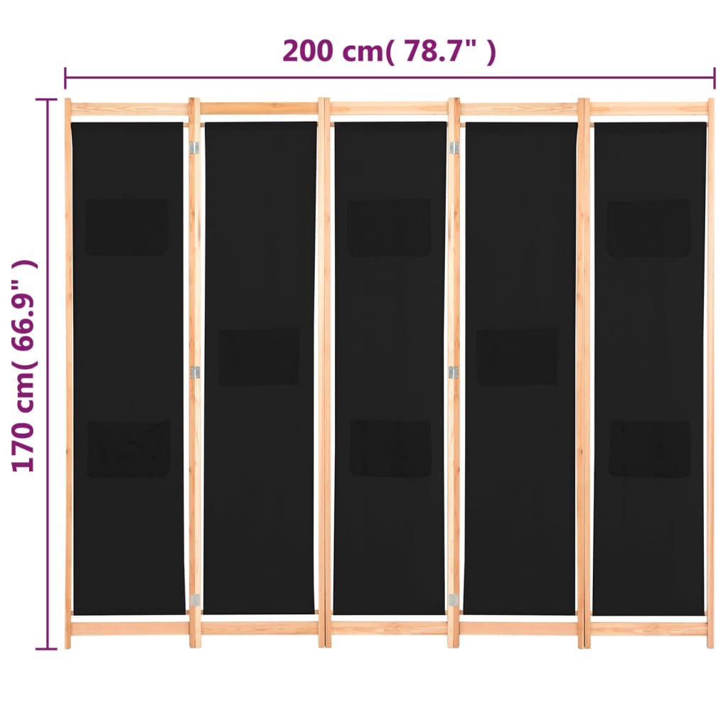 5-panels rumdeler 200 x 170 x 4 cm stof - sort, 5 - number 8.