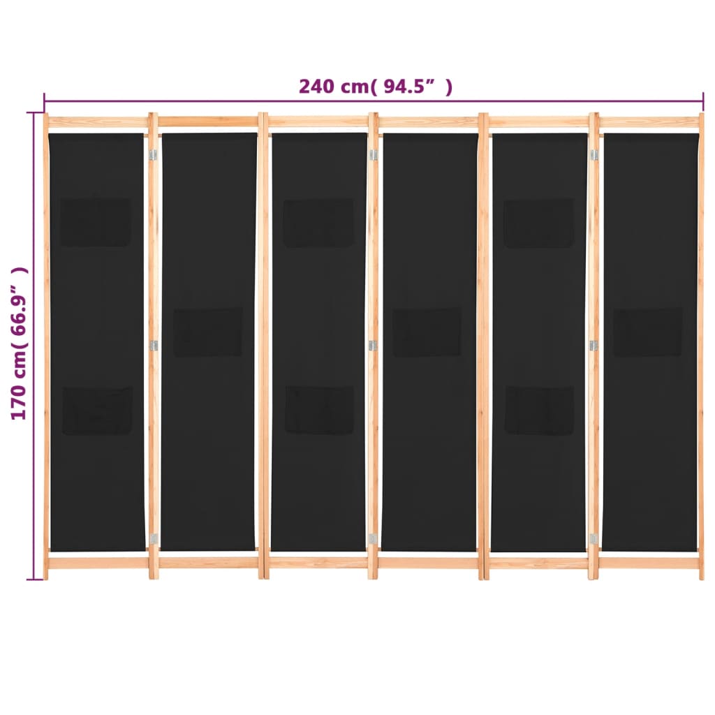 6-panels rumdeler 240 x 170 x 4 cm stof - sort, 6 - number 8.