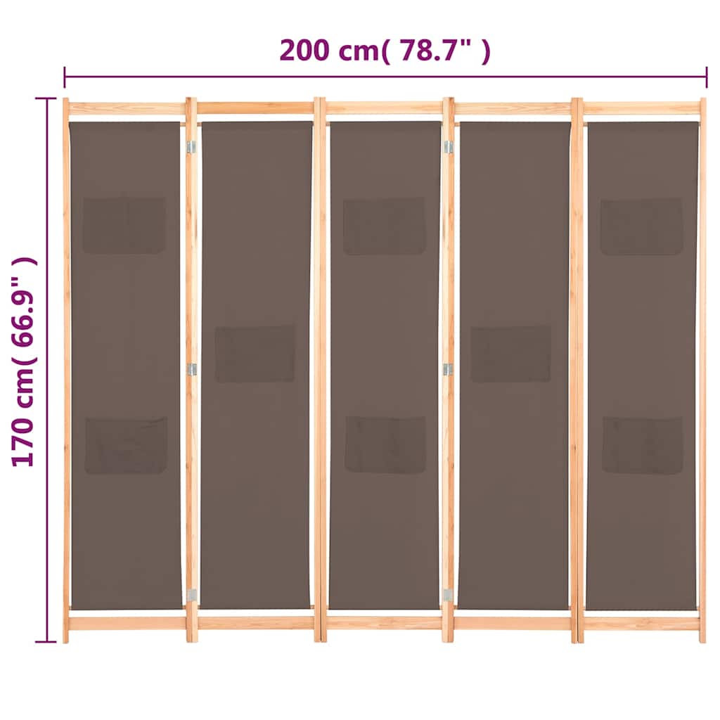 5-panels rumsavdelare 200 x 170 x 4 cm tyg - brun, 5 - number 8.