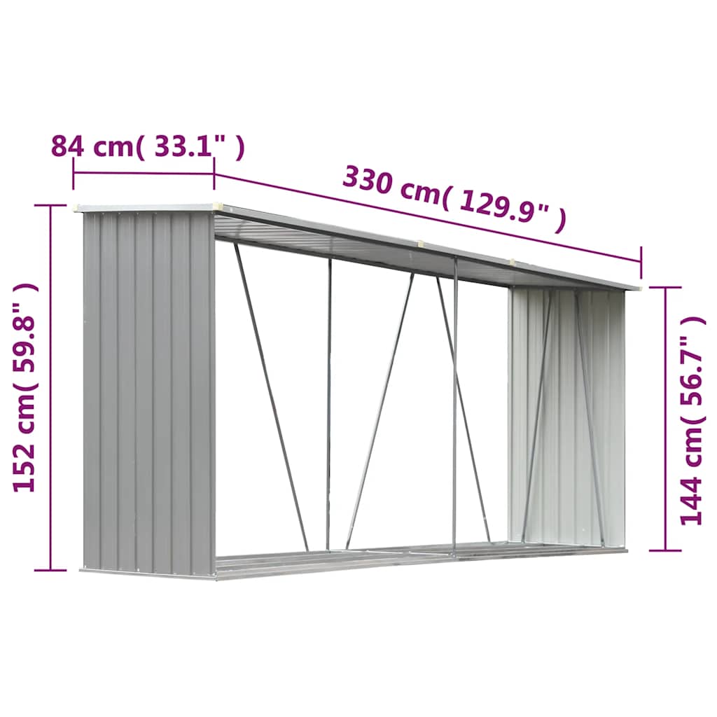 Brændeskur til haven galvaniseret stål 330x84x152 cm - grå - number 6.