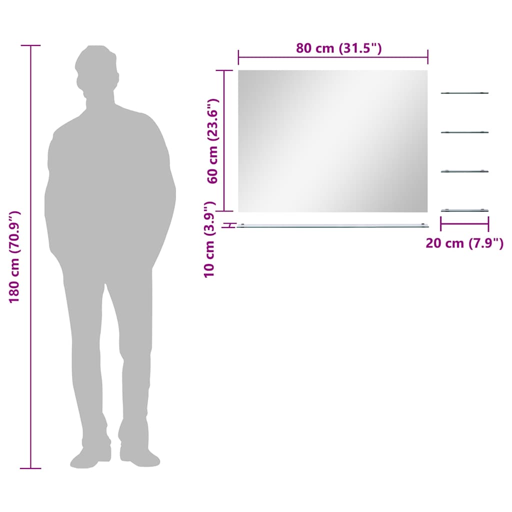 Vægspejl med 5 hylder 80x60 cm sølvfarvet - number 7.