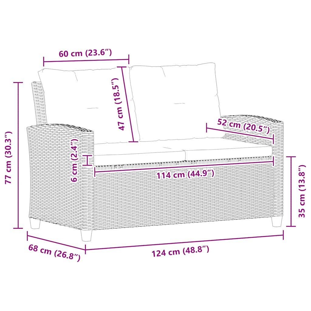 Topersoners havesofa med hynder 124 cm polyrattan grå - number 6.