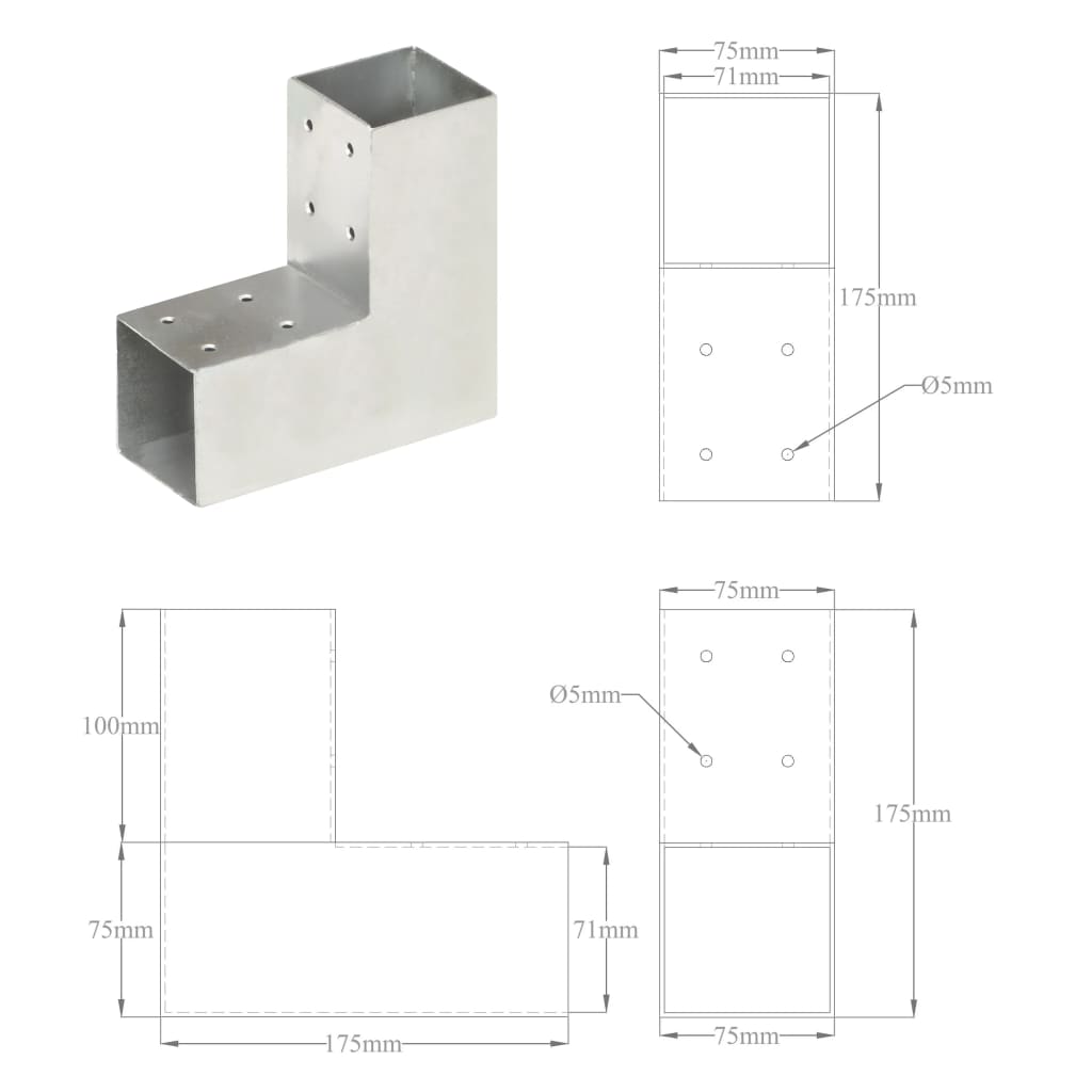 Stolpebeslag galvaniseret metal - 71 x 71 mm, 1, l-form - number 7.