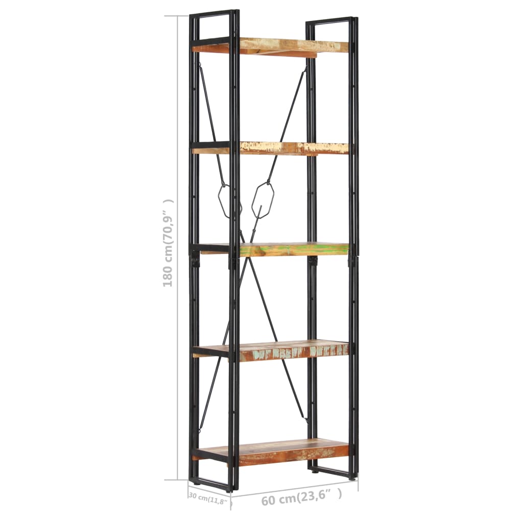 Bogreol med 5 hylder 60x30x180 cm massivt genbrugstræ - number 6.