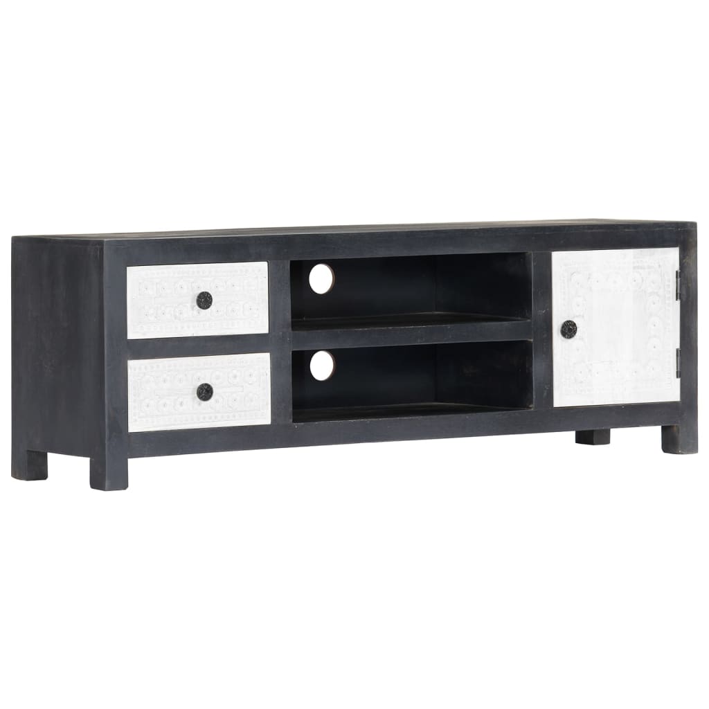 Tv table 120x30x40 cm hand-cut solid mango wood gray and white - number 12.