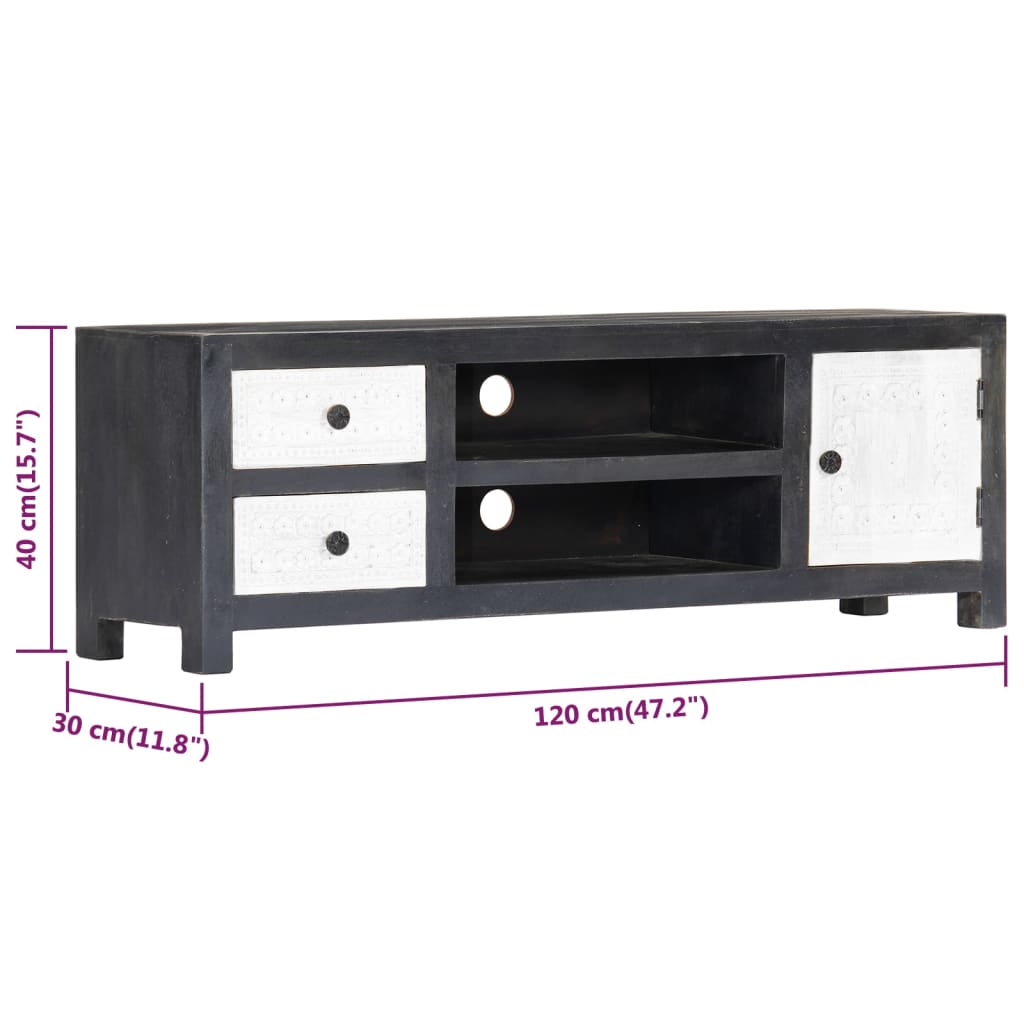 Tv table 120x30x40 cm hand-cut solid mango wood gray and white - number 9.