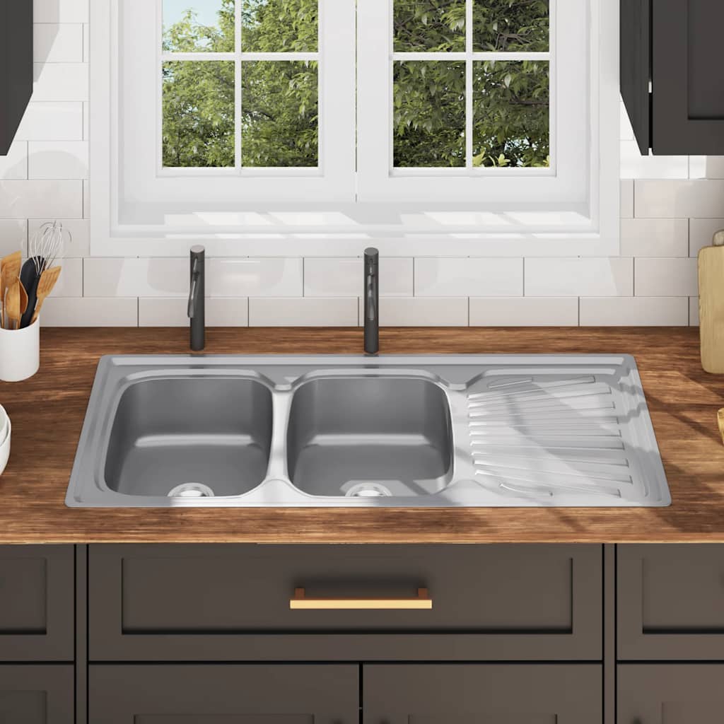 Dobbelt køkkenvask med strainer og vandlås rustfrit stål - number 3.