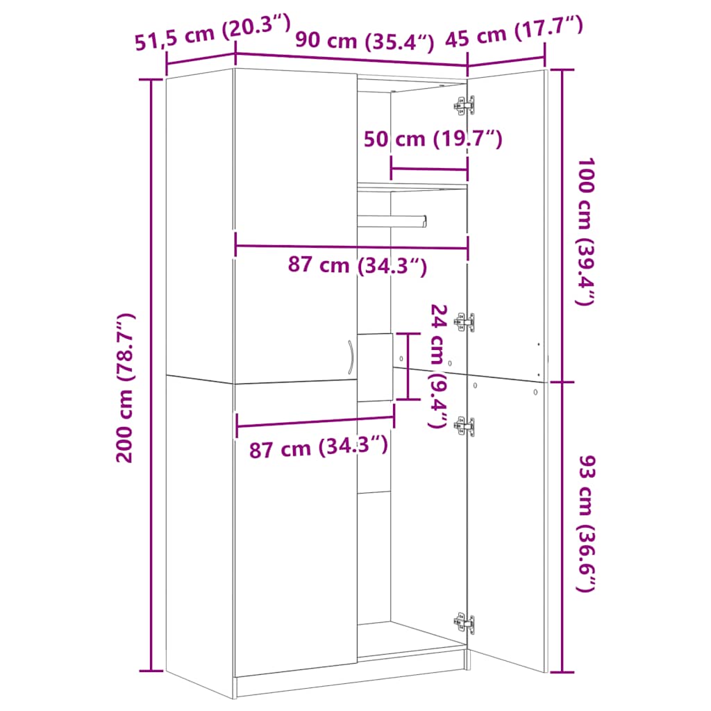 Klædeskab 90x52x200 cm konstrueret træ - sort, 1, x - number 8.