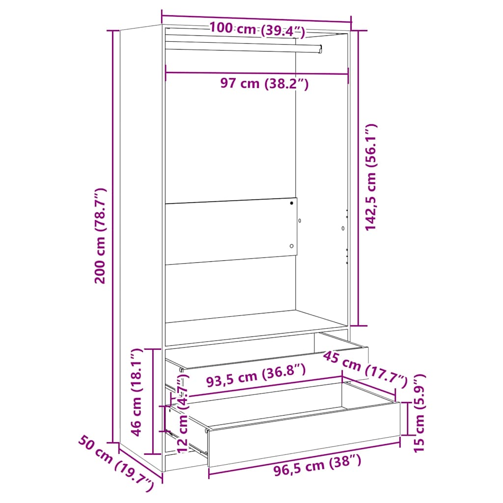 Drveni ormar izrađen - crni, 100 x 50 x 200 cm, 1, 2 ladice - number 7.