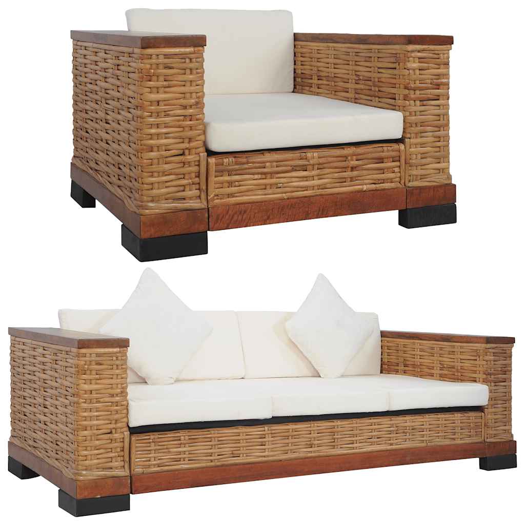 Sofasett 2 deler med puter naturrotting brun - 1-seter + 3-seter - number 1.