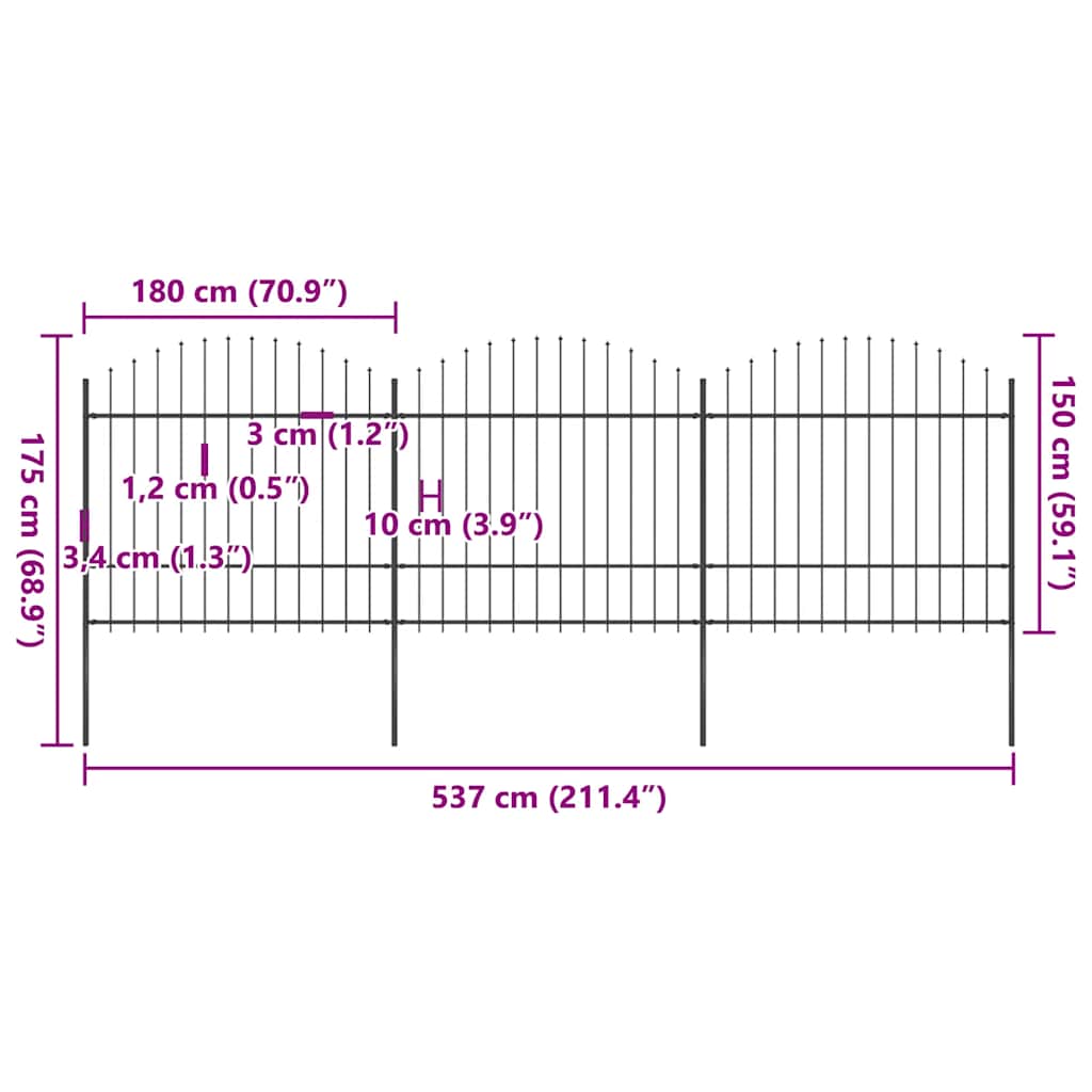 Zahradní plot s vrcholem (1,5-1,75) x 5,1 m černá ocel - 1, 5,1 m, 150-175 cm - number 5.