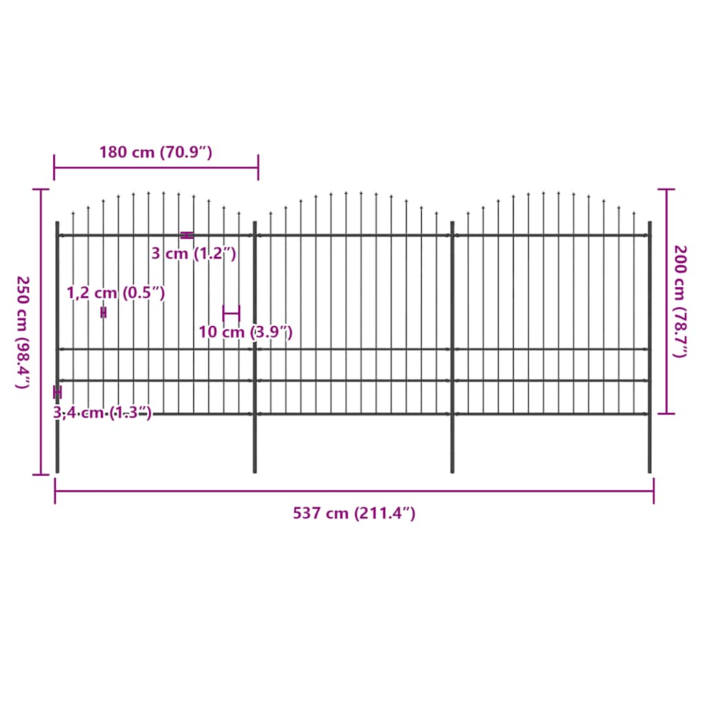 Trädgårdsstaket med spjutstopp (1,75-2) x 5,1 m svart stål-1, 5,1 m, 175-200 cm - number 5.