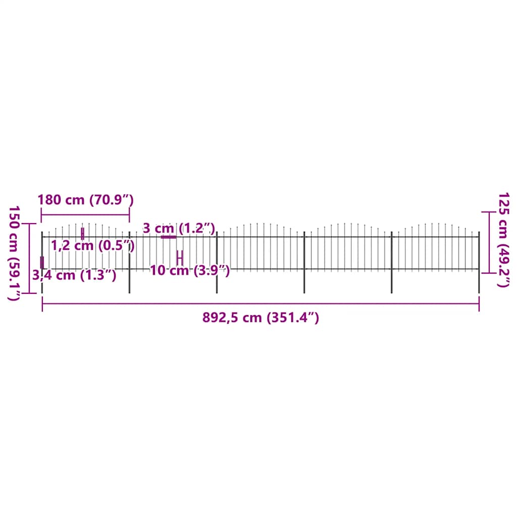 Fence du jardin avec haut de lance (1,25-1,5) x 8,5 m en acier noir-1, 8,5 m, 125-150 cm - number 5.