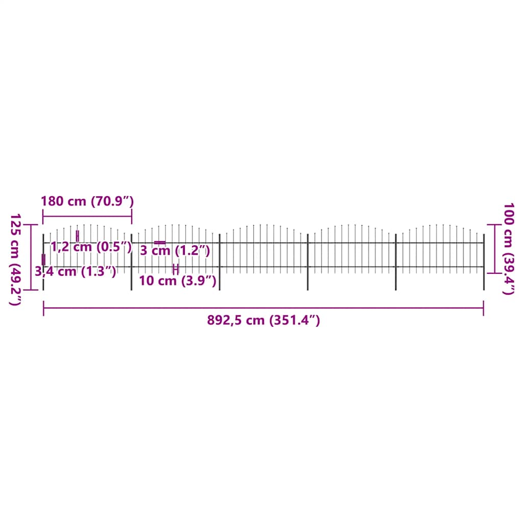 Fence du jardin avec haut de lance (1-1,25) x 8,5 m en acier noir-1, 8,5 m, 100-125 cm - number 5.