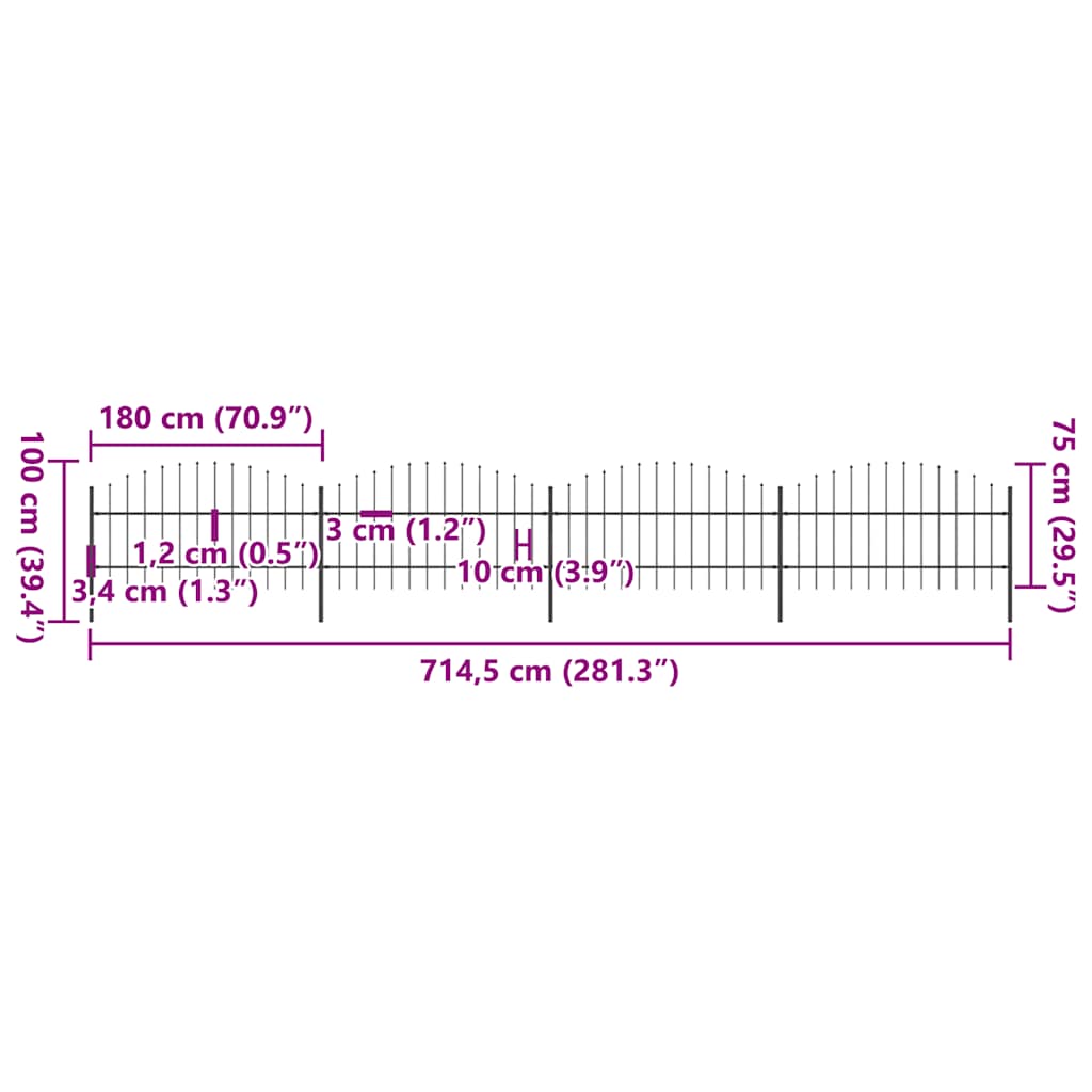 Zahradní plot s vrcholem (0,75-1) x 6,8 m černá ocel - 1, 6,8 m, 75-100 cm - number 5.