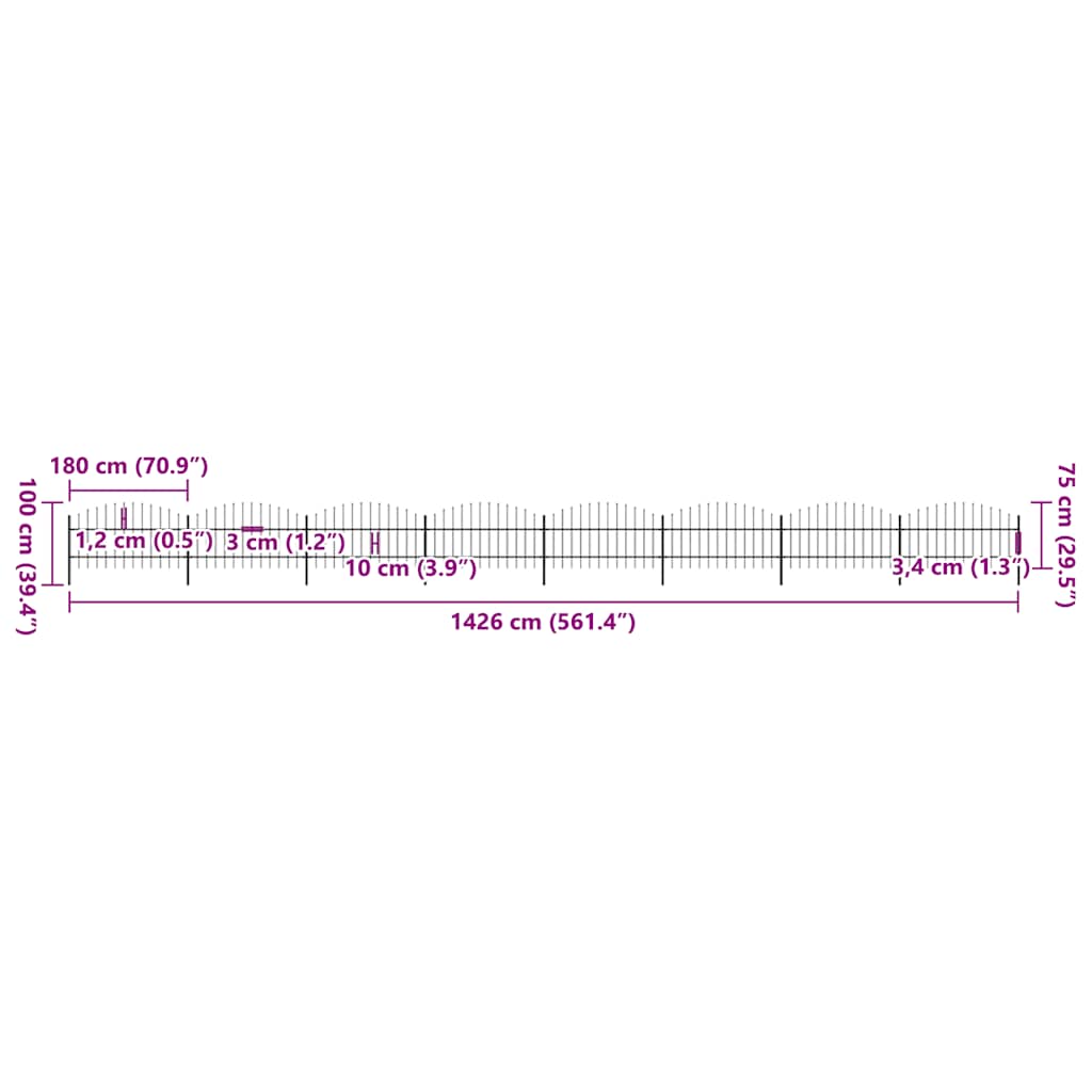 Fence du jardin avec haut de lance (0,75-1) x 13,6 m en acier noir-1, 13,6 m, 75-100 cm - number 5.