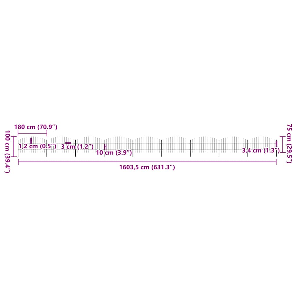 Fence du jardin avec haut de lance (0,75-1) x 15,3 m en acier noir-1, 15,3 m, 75-100 cm - number 5.