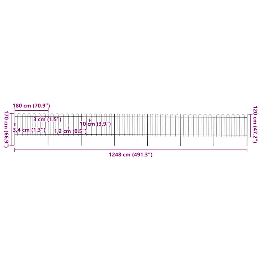 Hagegjerde med buet topp 11,9 x 1,2 m sort stål - 1, 11,9 m, 1,2 m - number 5.