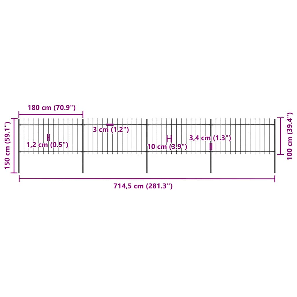 Trädgårdsstaket med spiktopp 6,8 xm svart stål - 1, 6,8 m, 1 m - number 5.