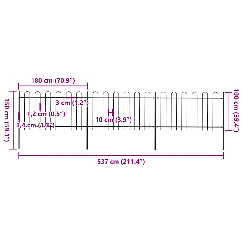 Trädgårdsstaket med böjd topp 5,1 xm svart stål - 1, 5,1 m, 1 m - number 5.