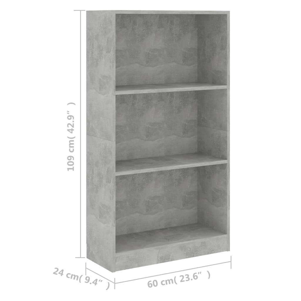 Bookcase with 3 shelves 60x24x109 cm engineered wood concrete grey - number 6.